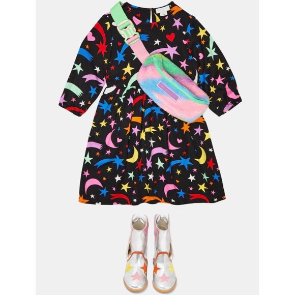 STELLA McCARTNEY Girl's Black Multicolor Shooting Stars Peplum Dress Size 14 - Picture 1 of 11